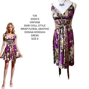 Y2K VINTAGE 00'S BABY DOLL STYLE‎ DONNA MORGAN FLORAL PATTERN WRAP SILKY DRESS 8